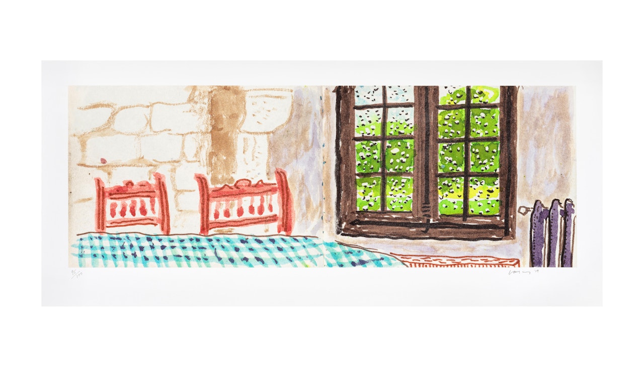 Two Chairs and Rain on Window, from 220 for 2020 by David Hockney