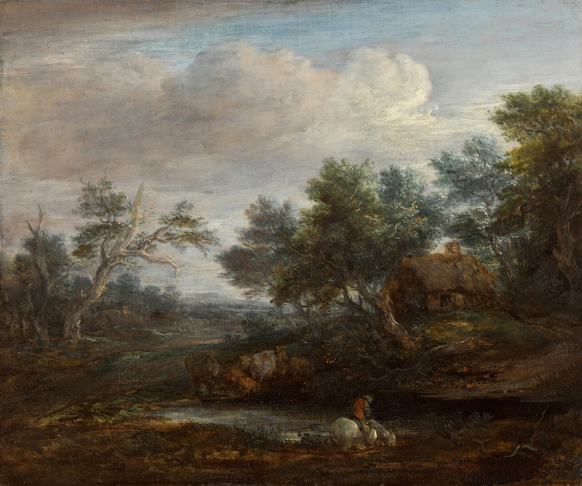 Wooded landscape with a mounted figure on a horse drinking at a pool, a thatched cottage beyond by Thomas Gainsborough
