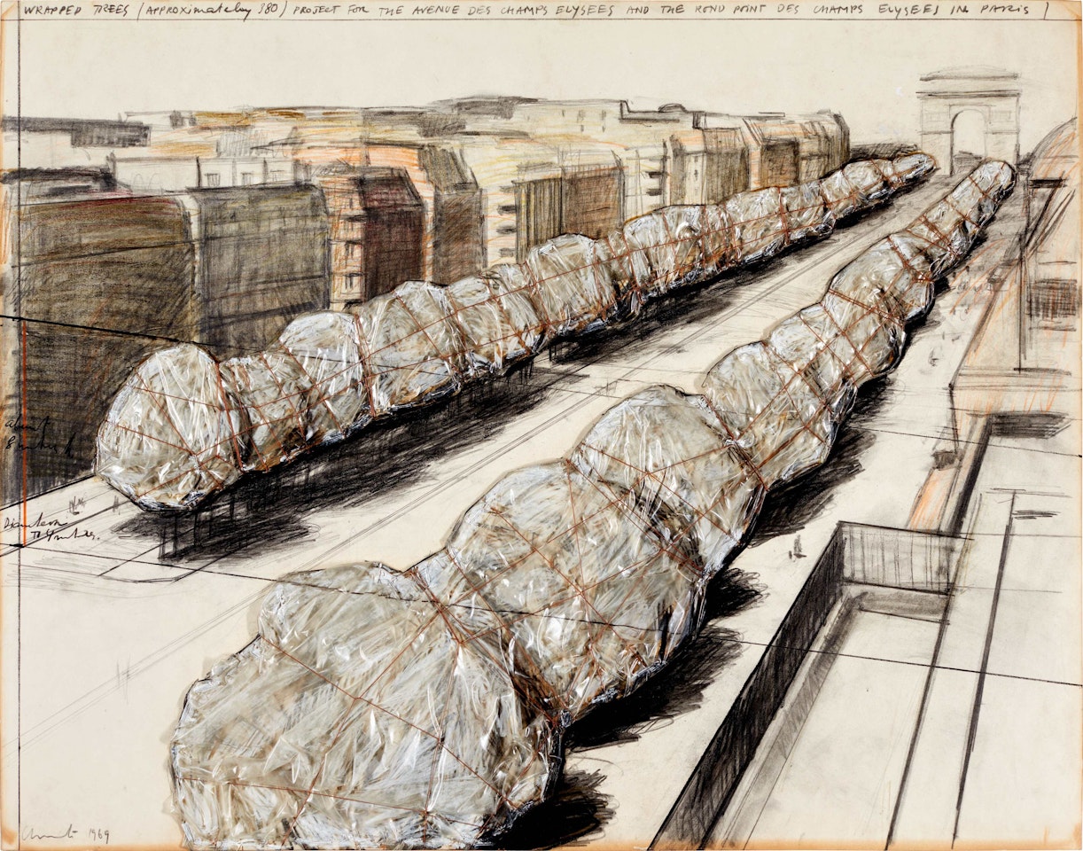 Wrapped Trees (approximately 380) Project For The Avenue Des Champs-Elysees and the Rond Point des Champs-Elysees in Paris by Christo
