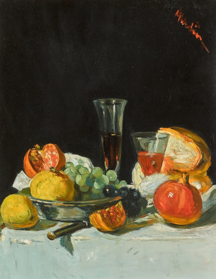 Grapes, Lemons and Pomegranates in a Silver Dish with Wine Glasses and a Loaf of Bread by George Leslie Hunter
