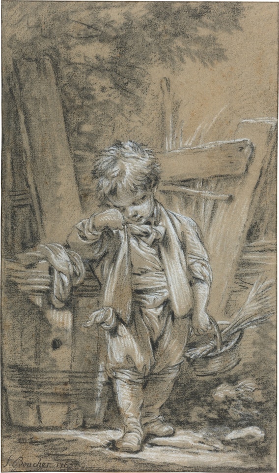 Young boy leaning against a barrel and holding a basket by Francois Boucher