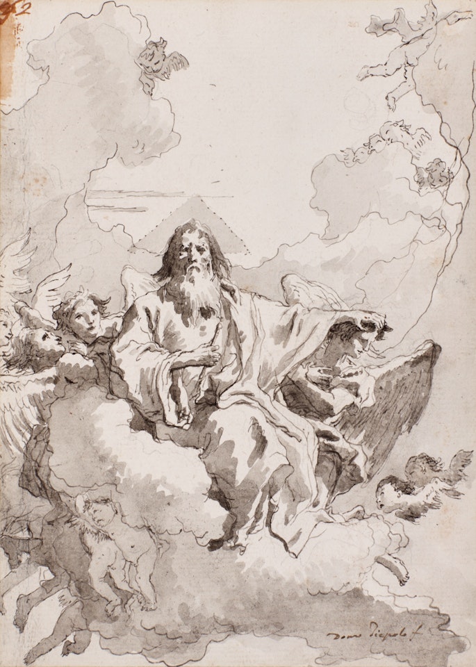 Recto: God the Father and angels on clouds Verso: Partial study of a head by Giovanni Domenico Tiepolo