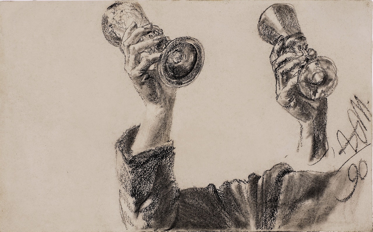 Two Studies of a Right Arm and Hand Holding a Glass by Adolph Menzel