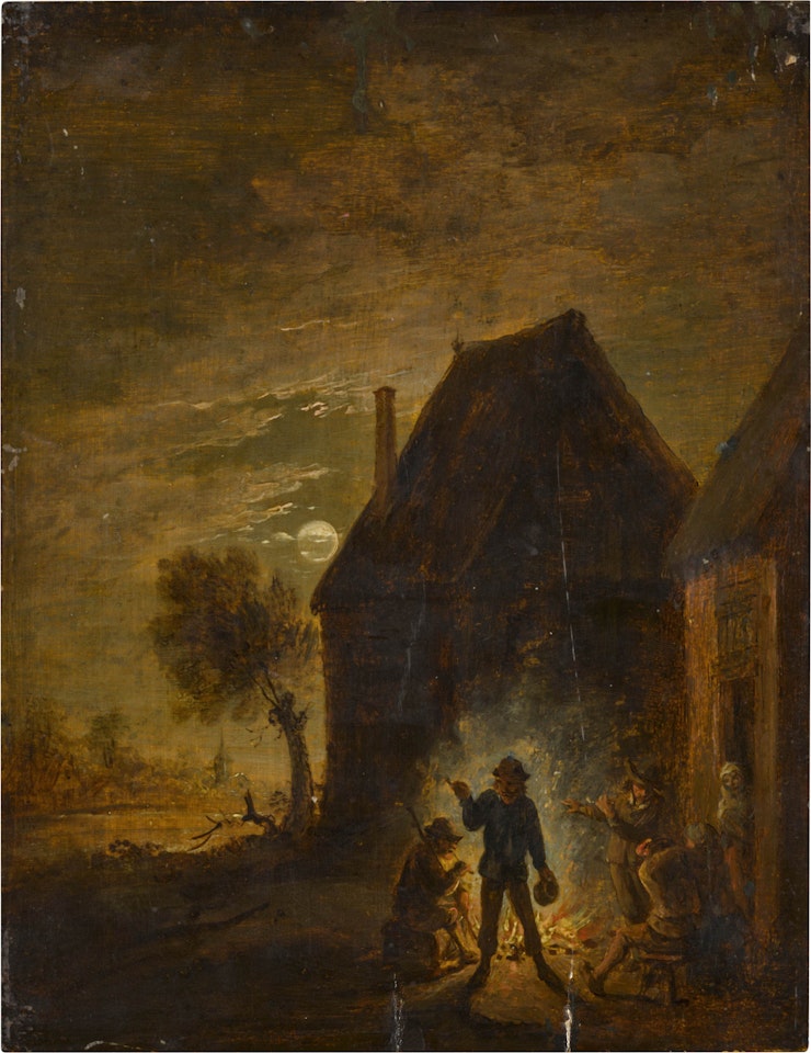 Moonlight farm with figures around a fire by David Teniers II