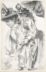 Studies of a standing woman, wearing a hat and leaning forward
