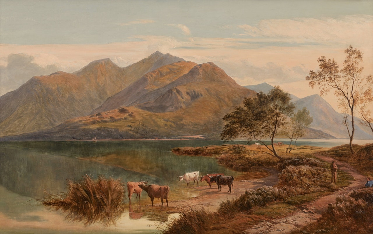 Cow herd by a lake by Sidney Richard Percy
