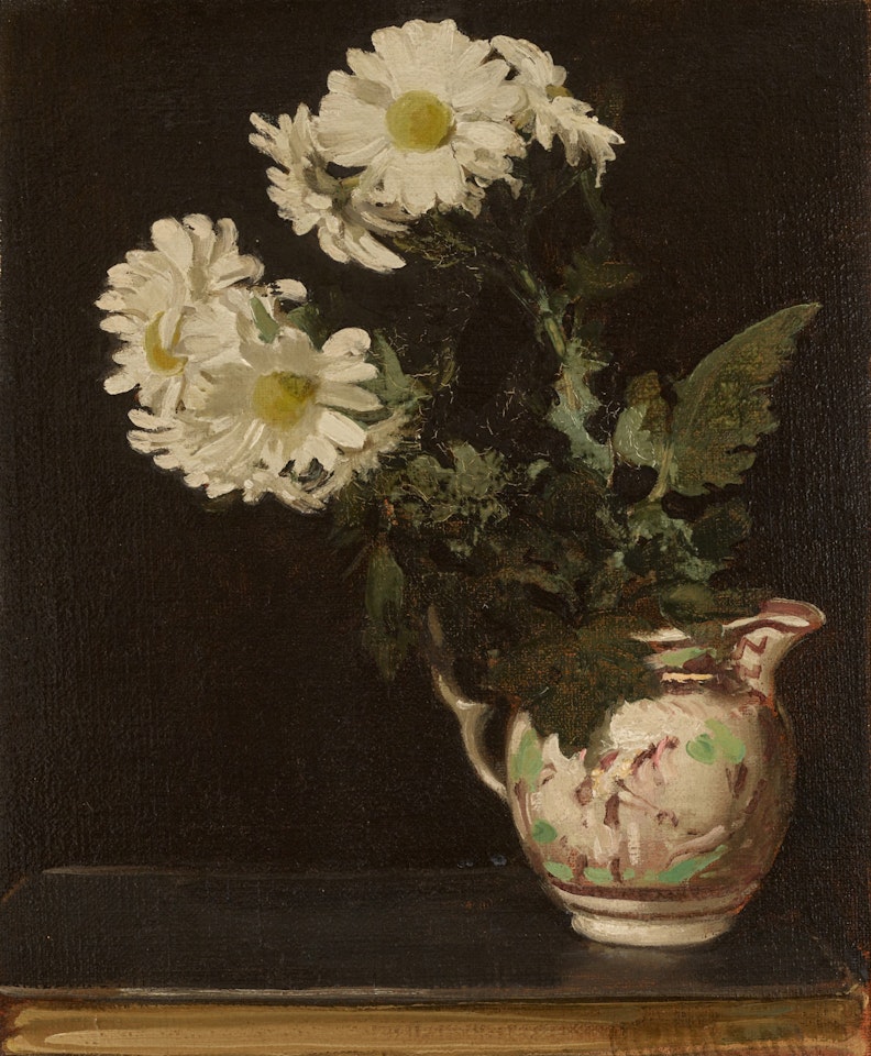 White Chrysanthemums in a Pink Lustre Jug by William Nicholson