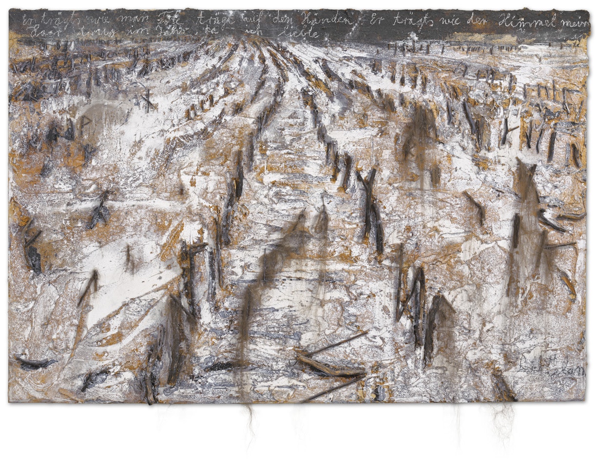 Er trägts wie man Tote trägt auf den Händen. Er trägts wie der Himmel mein Haar trug im Jahr, da ich liebte (He wears it as one wears the dead on one’s hands. He wears it as heaven wore my hair in the year when I loved) by Anselm Kiefer