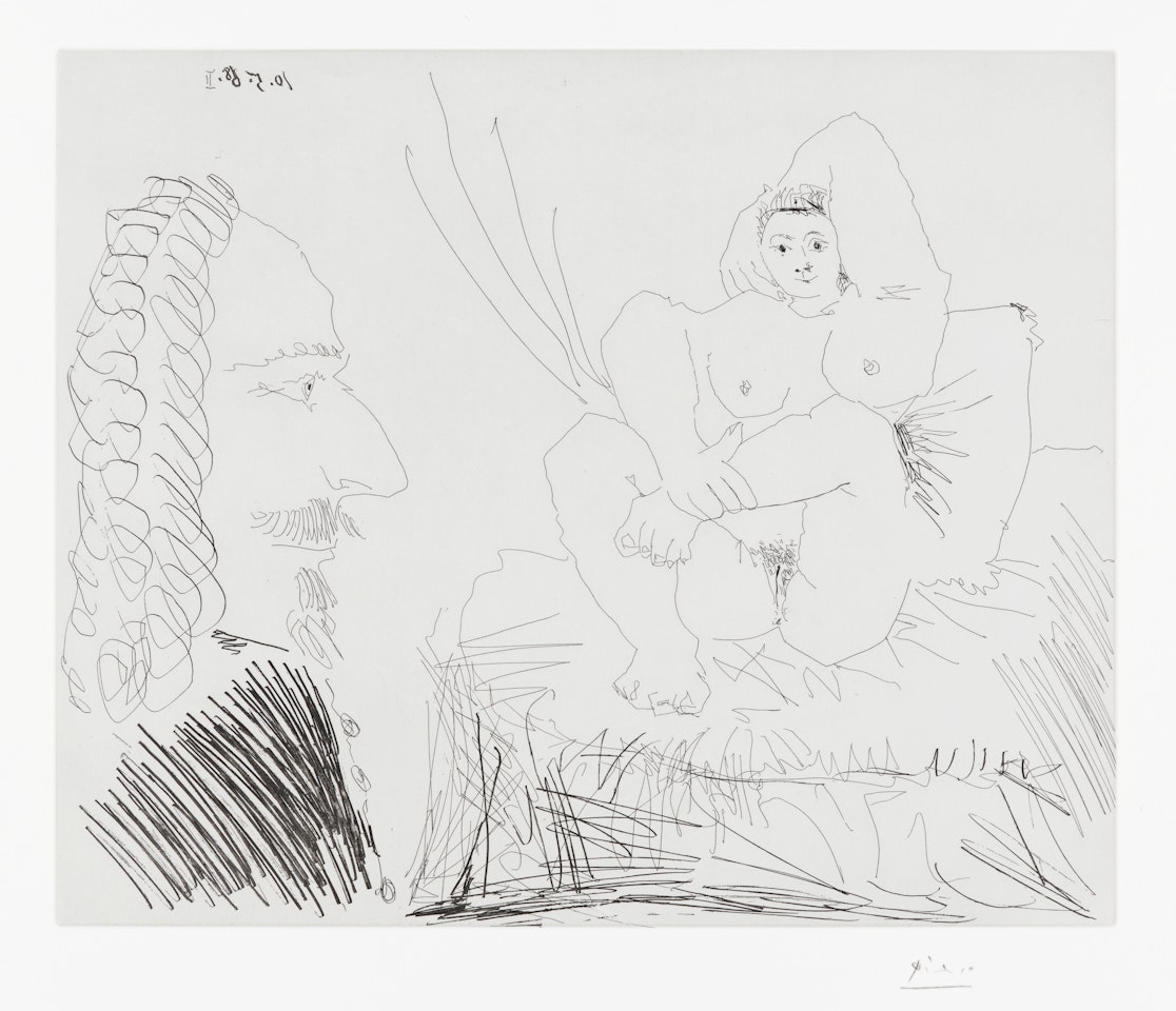 Courtisane au lit avec un visiteur (Courtesan in Bed with a Visitor), plate 73 from Série 347 (Bl. 1553, Ba. 1569) by Pablo Picasso