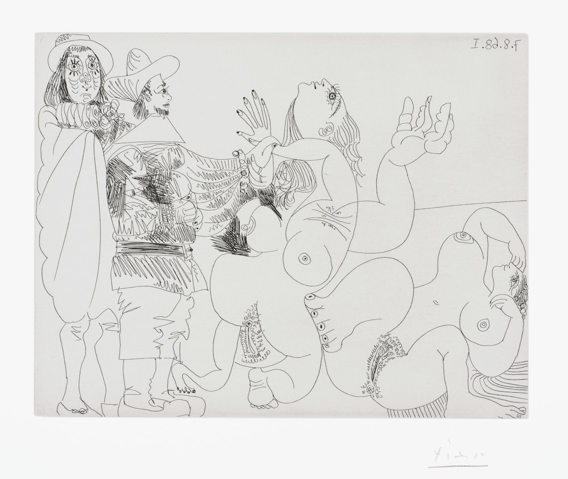 Jeune seigneur fantoche avec un reître et deux femmes nues (Young Puppeteer with a Rider and Two Naked Women), plate 254 from Série 347 (Bl. 1734, Ba. 1751) by Pablo Picasso
