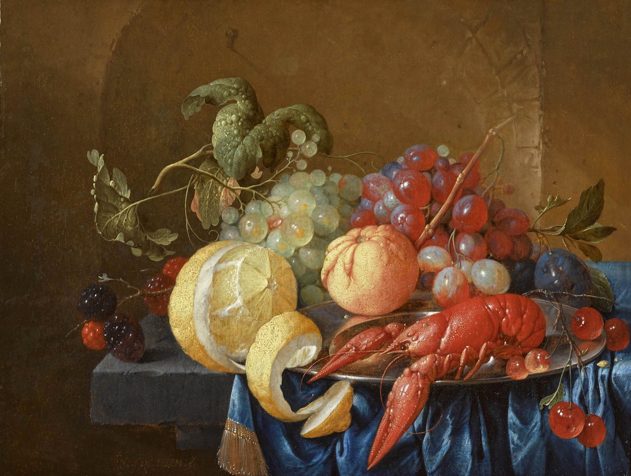Still life with a crayfish on a pewter dish, a peeled lemon, an orange, bunches of green and black grapes and other fruit on a draped ledge by Cornelis de Heem