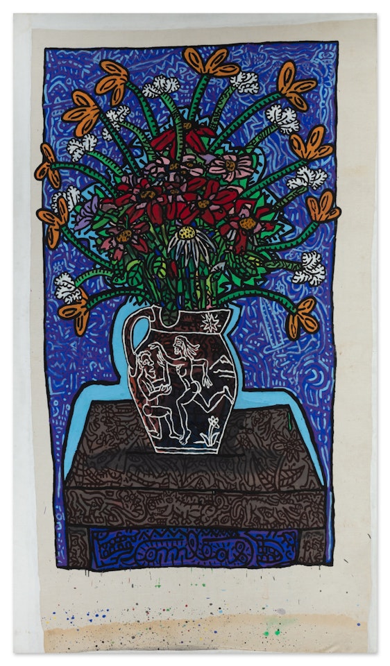 Sur la table basse, un vase érotique regorgeant de fleurs exotiques by Robert Combas