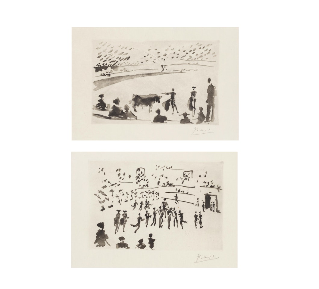 "Citando a Matar" and "El Torero Sale en Hombros de los Affecionados", from José Delgado: La Tauromaquia (Baer 989 and 994; Cramer 100) by Pablo Picasso