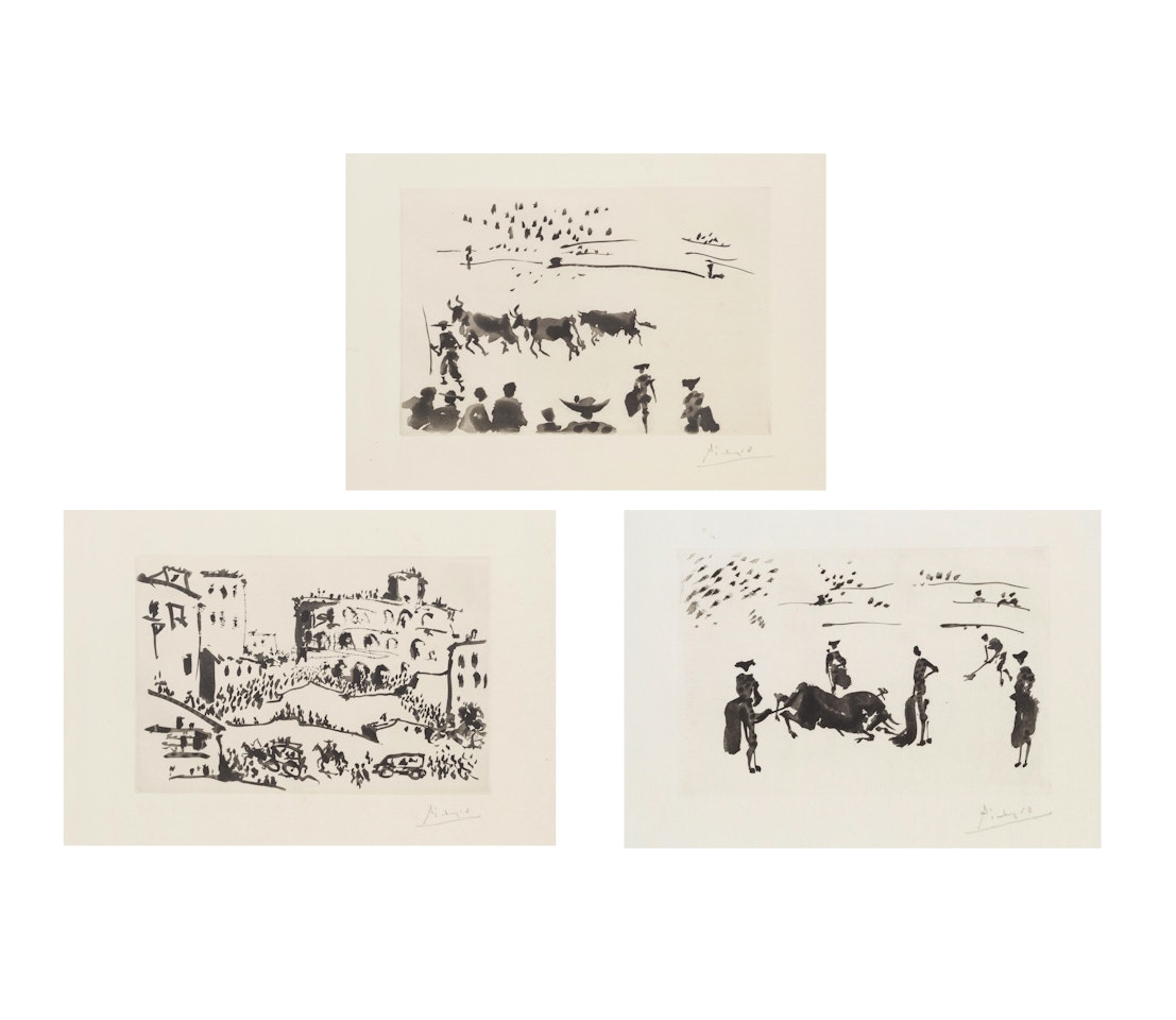 "A los Toros", "Los Cabestros Retiran al Toro Manso" and "Muerte del Toro", from José Delgado: La Tauromaquia (Baer 972, 979 and 992; Cramer 100) by Pablo Picasso