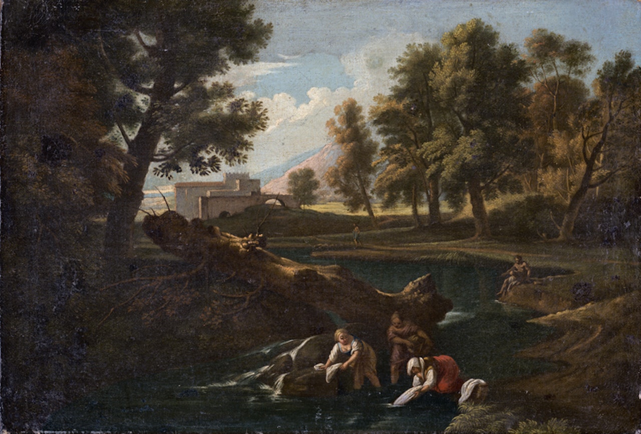 Southern landscape with washerwomen by the river. by Italian School
