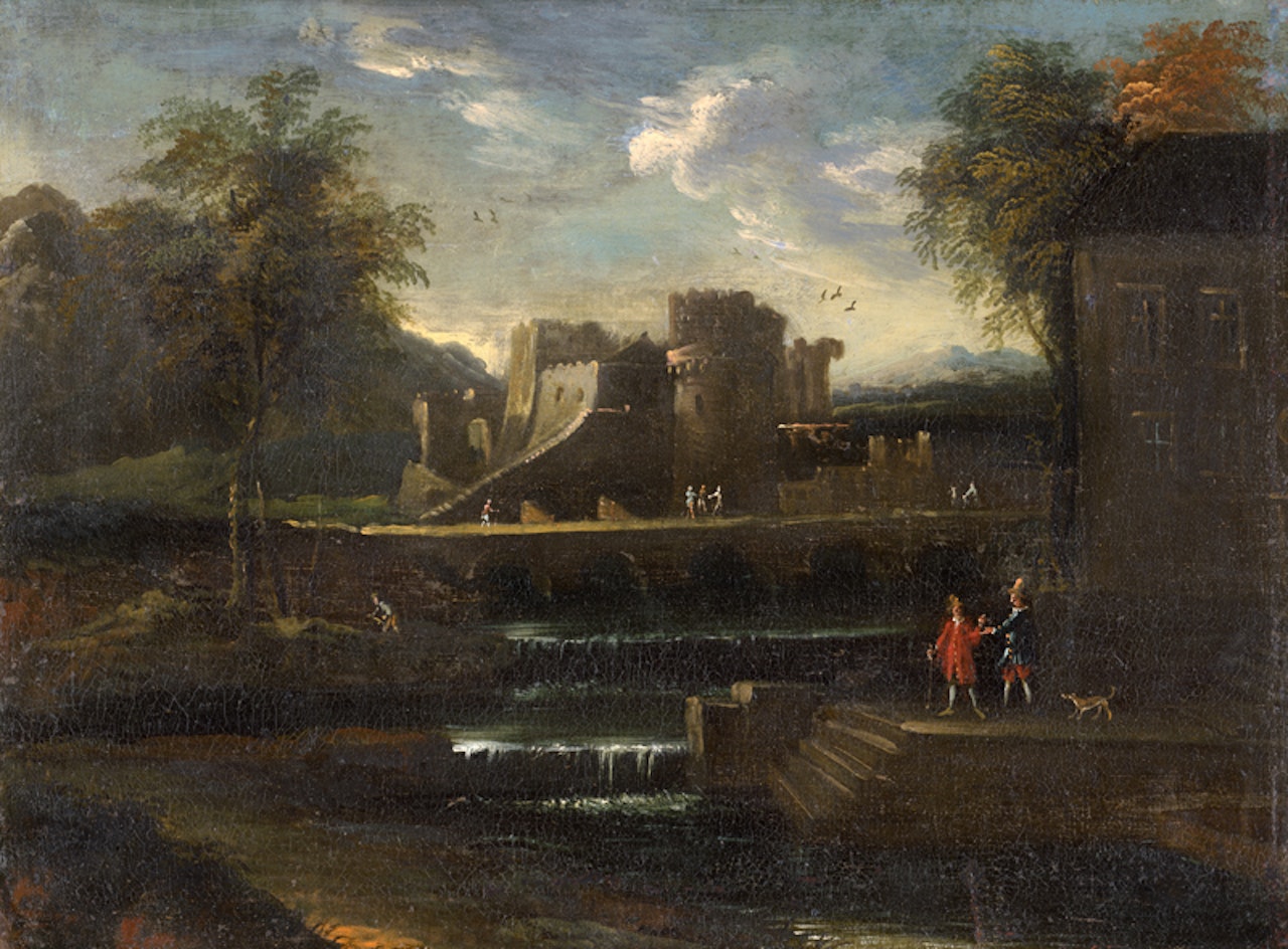 Southern landscape with a fort and figures at a waterfall by Italian School