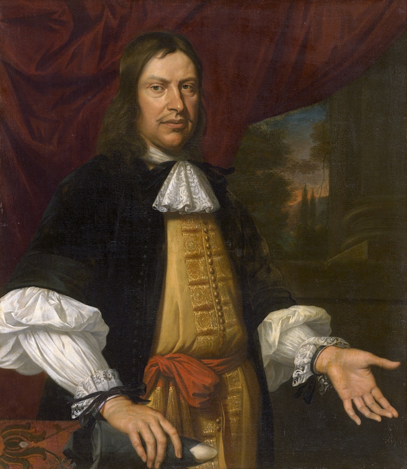 Portrait of a man in a yellow robe with a powder horn in his right hand. by Dutch School