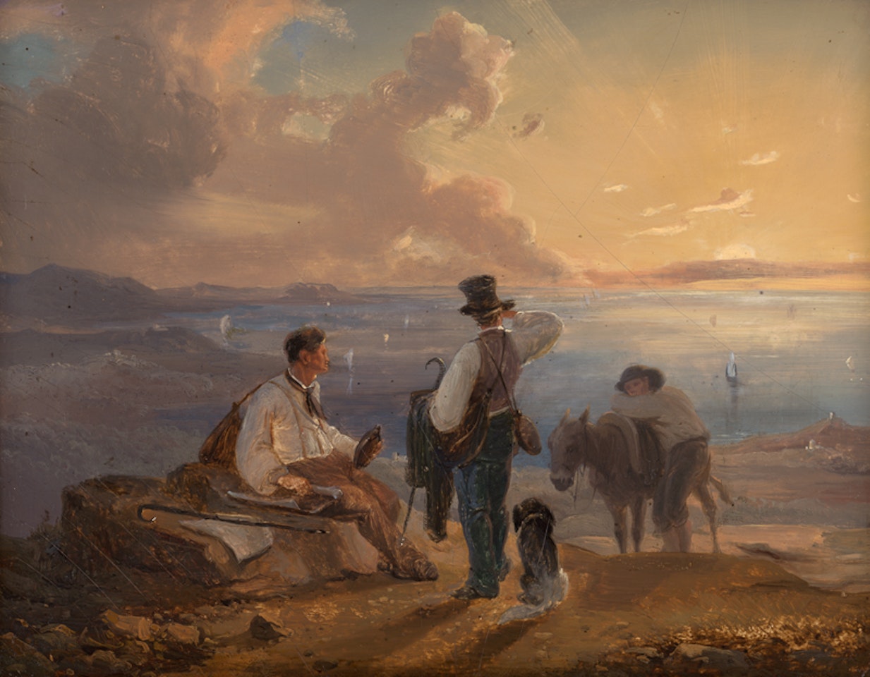 Southern italian coastal landscape with artists taking a break. by German School