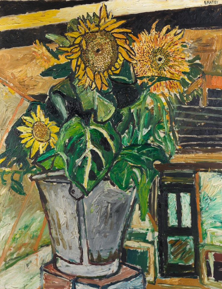 Two Open-faced Sunflowers and Two Smaller Sunflowers in a Grey Pail by John Bratby