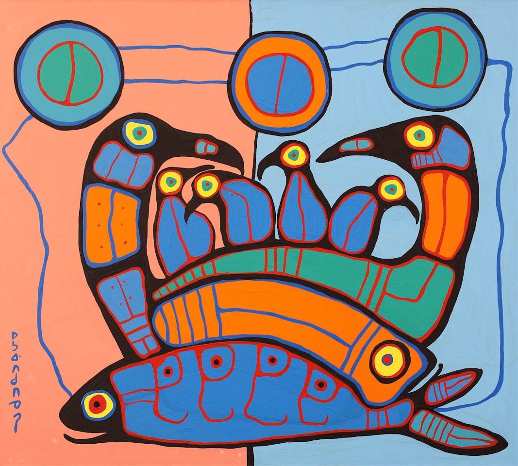 FAMILY OF BIRDS WITH FISH by Norval Morrisseau