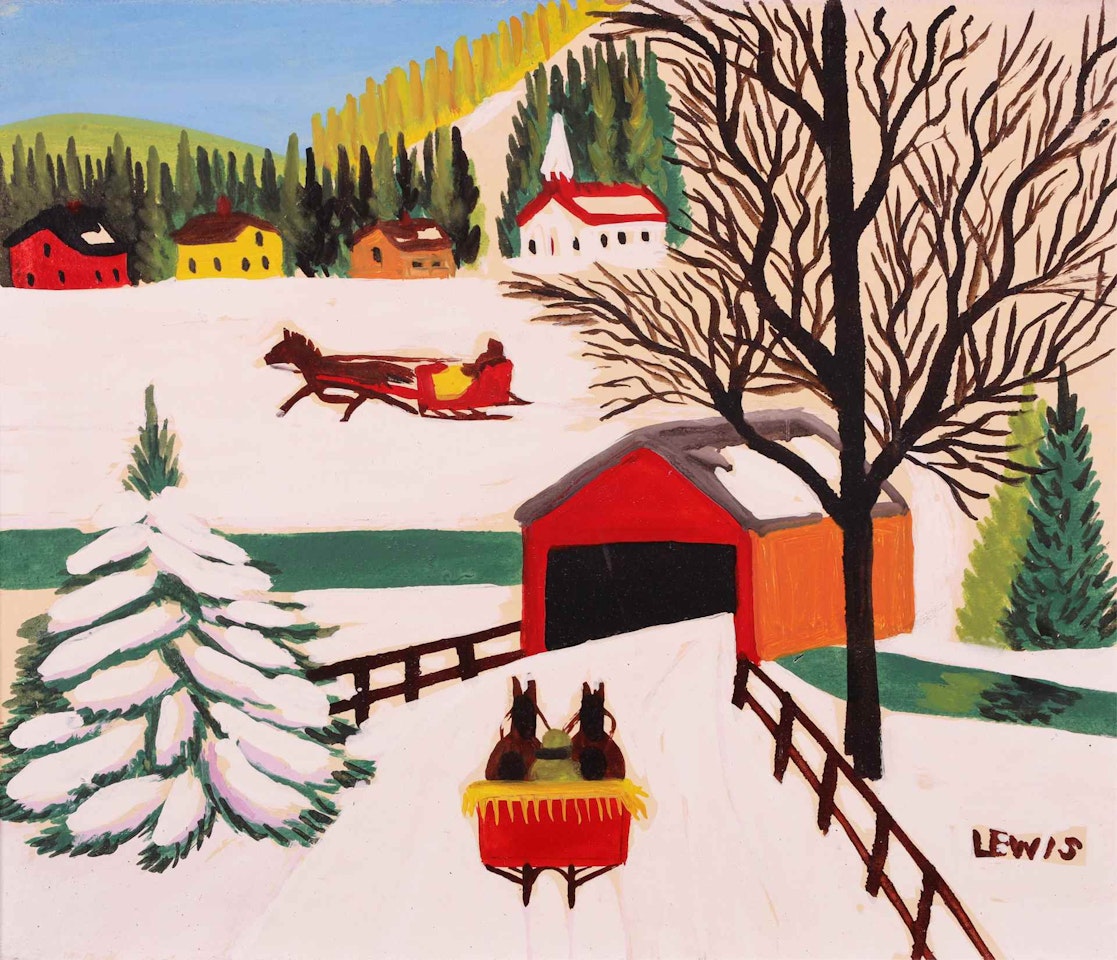 COVERED BRIDGE AND SLEIGHS IN WINTER by Maud Lewis