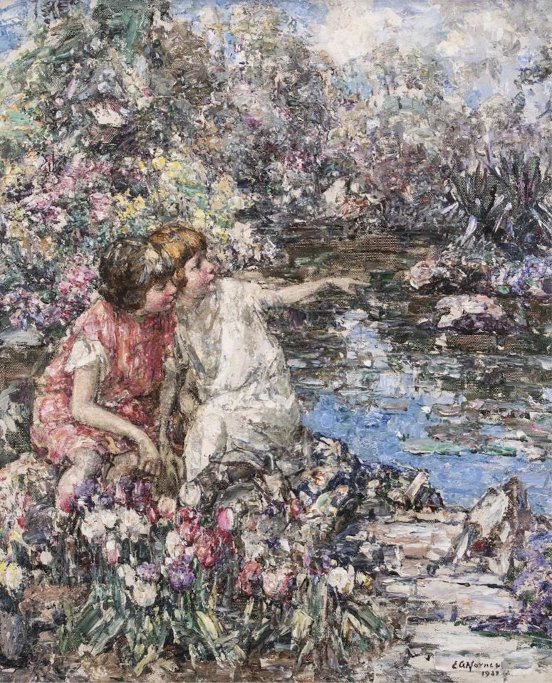TWO GIRLS SEATED BY TULIPS AND OVERLOOKING A LILY POND by Edward Atkinson Hornel
