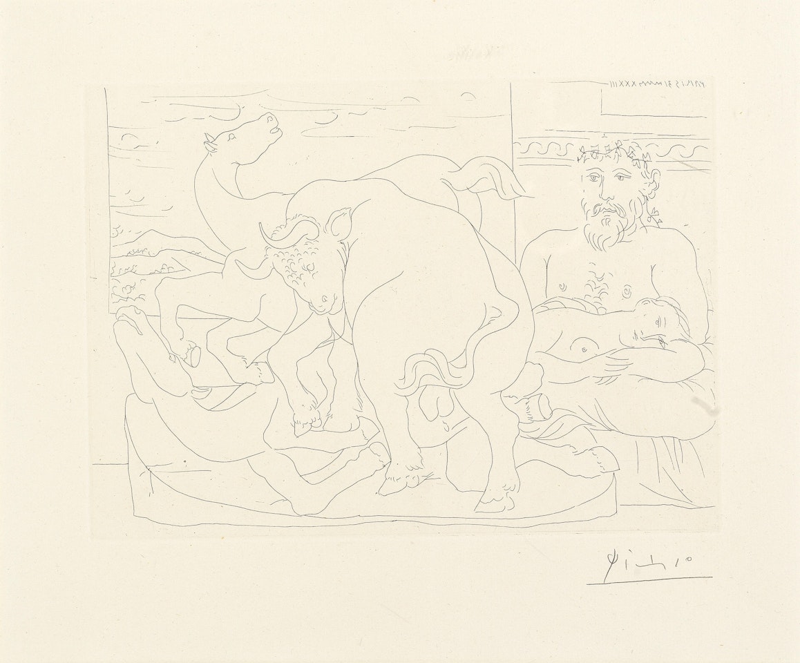 Sculpteur et son modèle avec un groupe sculpté représentant un taureau attaquant des chevaux, from La Suite Vollard (Bloch 166, Baer 319 Bd) by Pablo Picasso
