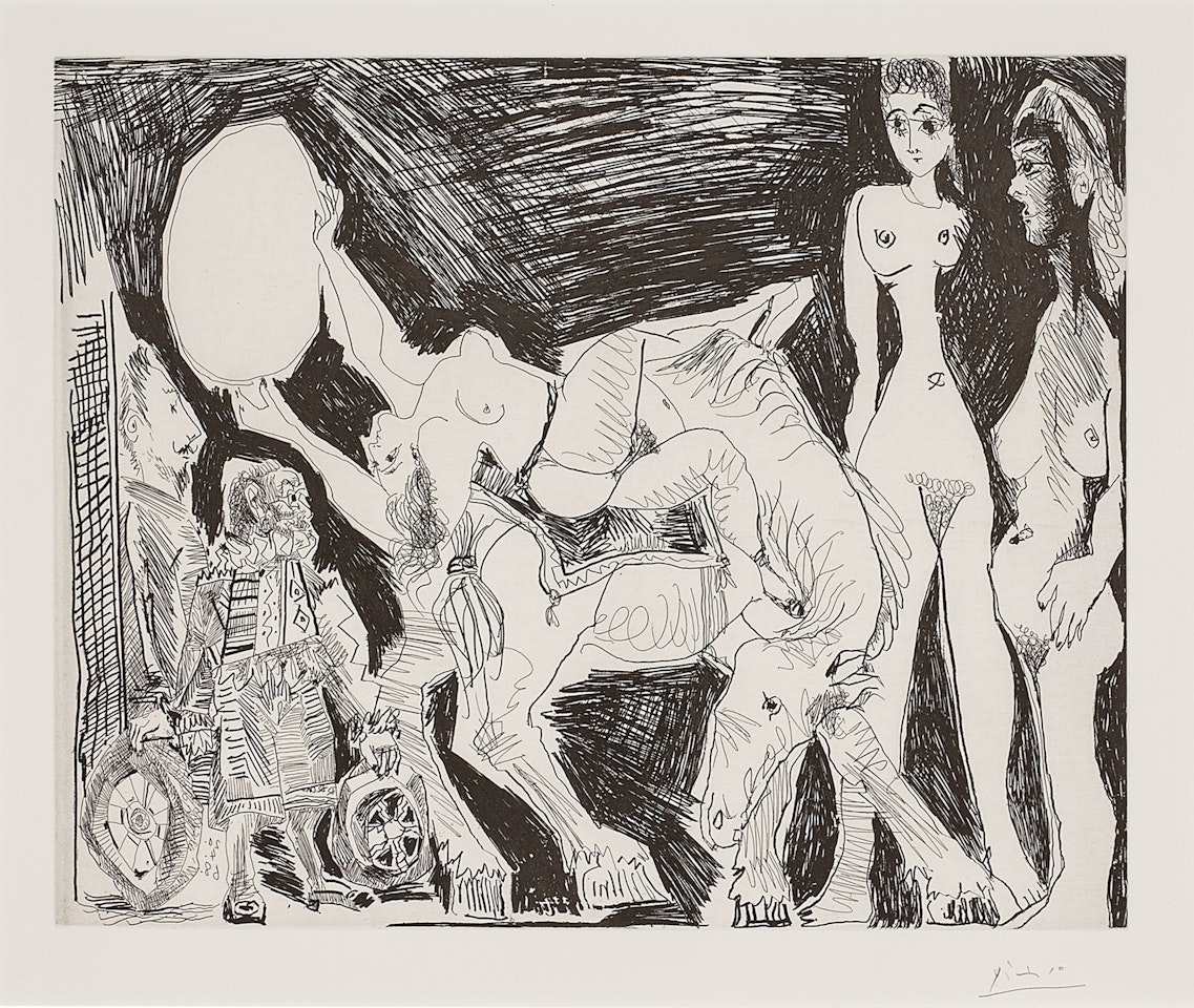 Cirque: écuyère, femmes et spectateurs, dont un garagiste déguisé (Bloch 1523; Baer 1539) by Pablo Picasso