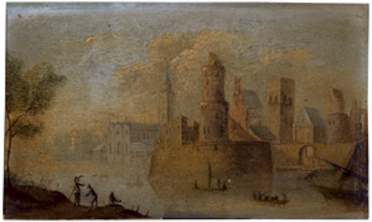 Fantastic Rhine landscape with a fortified city by German School