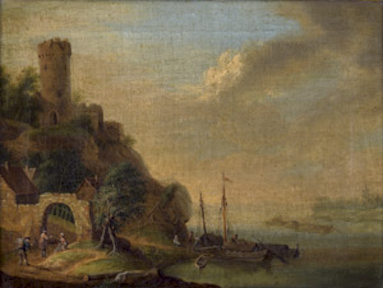 river landscape in the evening light with fishing boats by German School