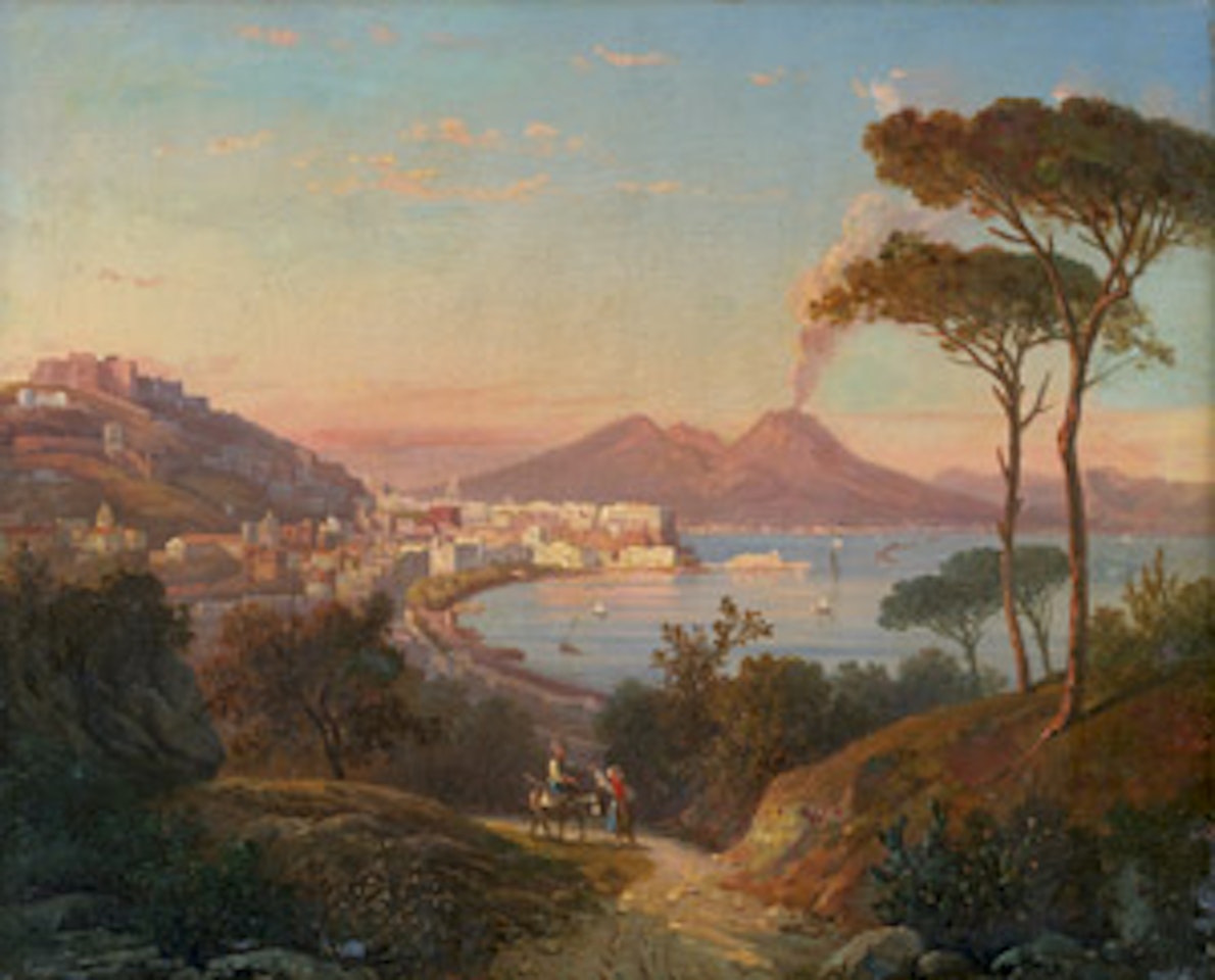 View of Posilipo with smoking Vesuvius in the background by Italian School