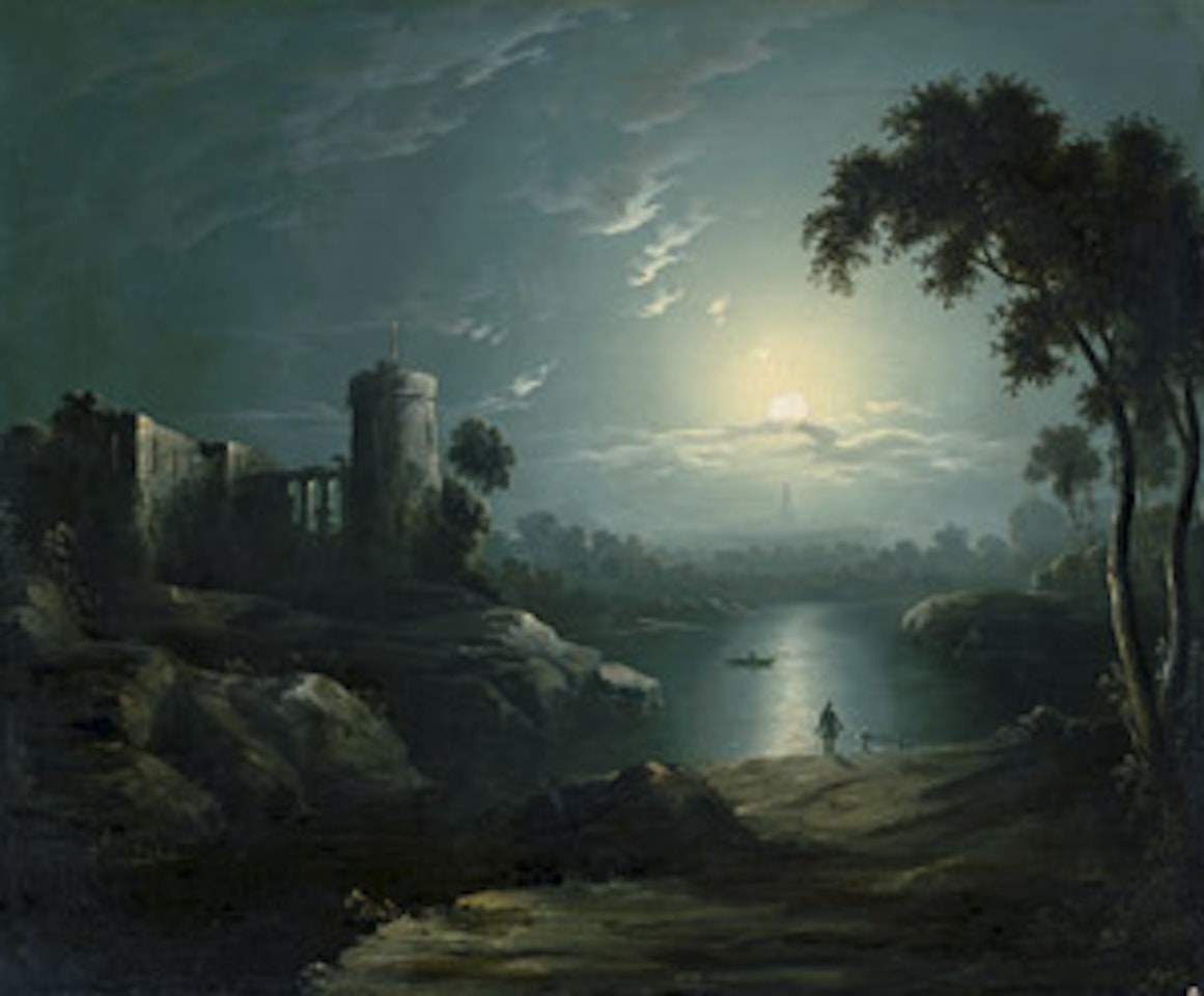 Moonlit ruin by the river with hikers by German School