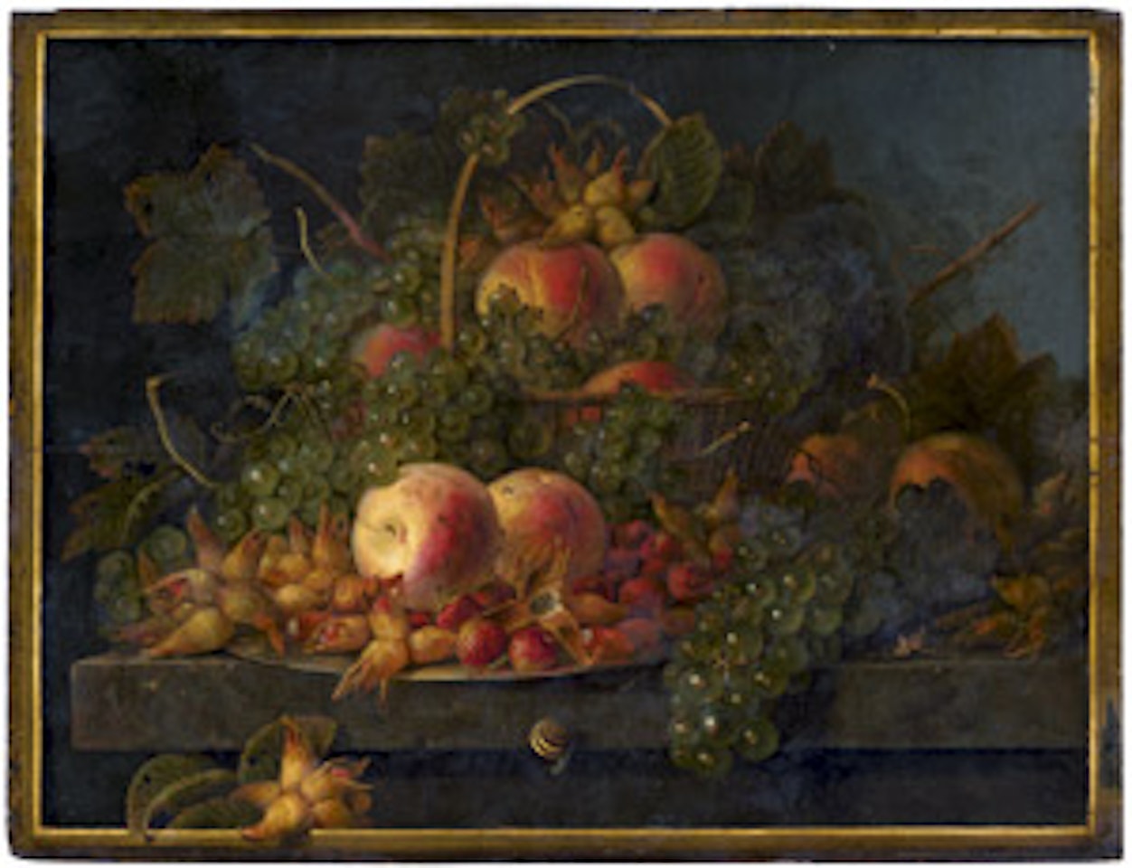 Fruit still life with grapes, strawberries and hazelnuts by German School