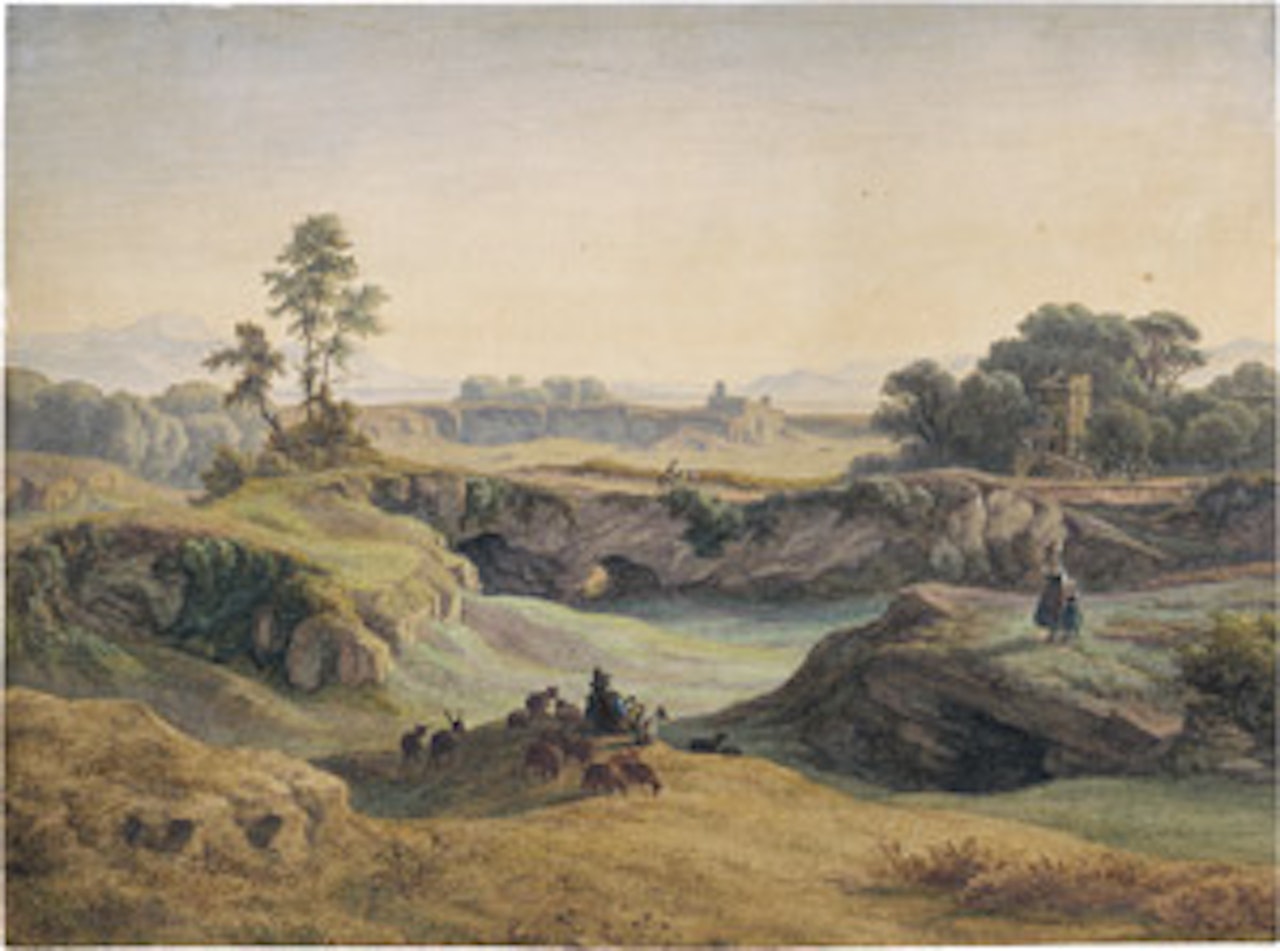 Shepherd with his flock on the Via Nomentana in the Campagna by German School