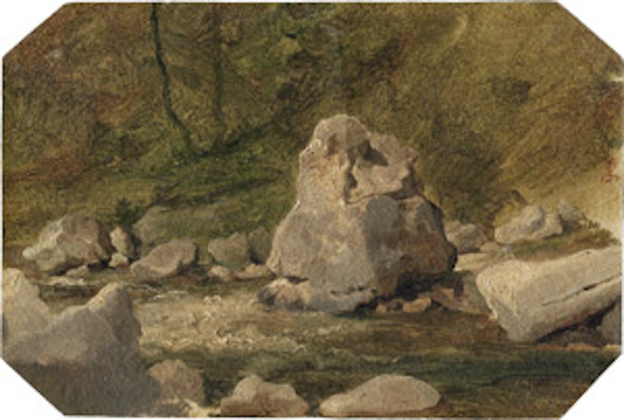 Small forest stream with boulders by German School