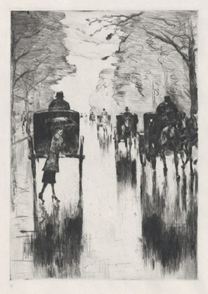 Rain-soaked Tiergartenallee with horse-drawn cabs: lady with an umbrella crosses the street by Lesser Ury