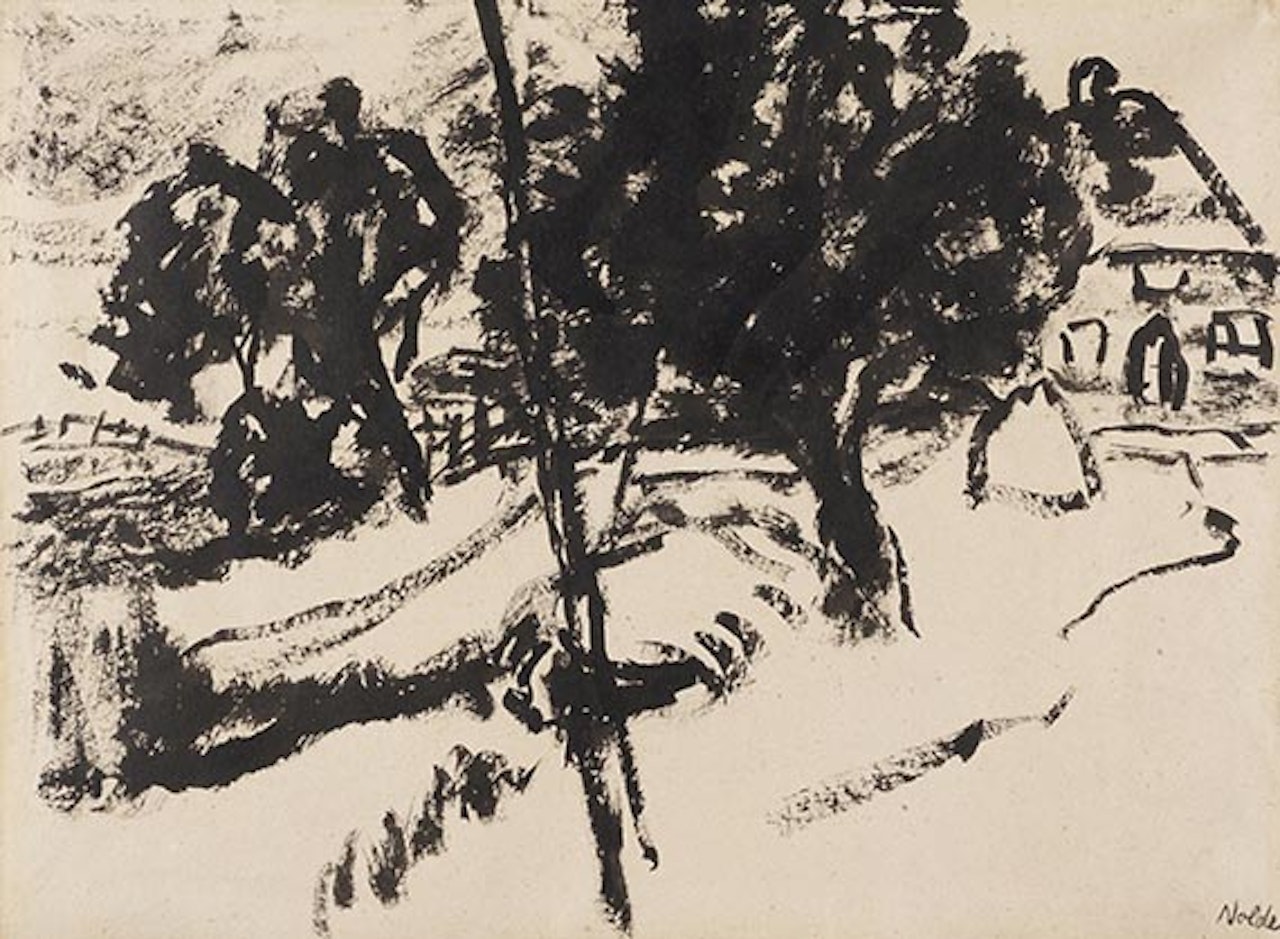 Bauernhaus hinter Bäumen by Emil Nolde