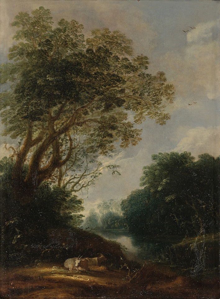 Wooded Landscape with Goats Resting by a Stream by Dutch School