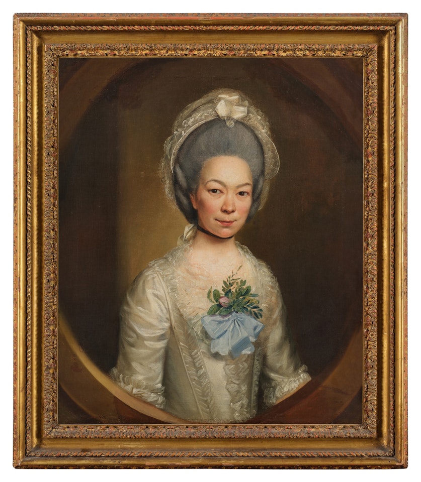 Portrait of a Lady in a White Dress with a Blue Bow by English School