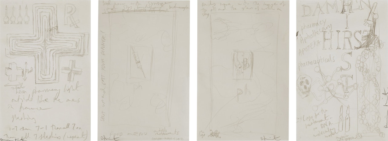 i. The Pharmacy Cross Drawing ii. Drinks Menu Drawing iii. Food Menu (Shut Up and Eat Your Dinner) Drawing iv. Untitled (Notes for Pharmacy) Drawing by Damien Hirst