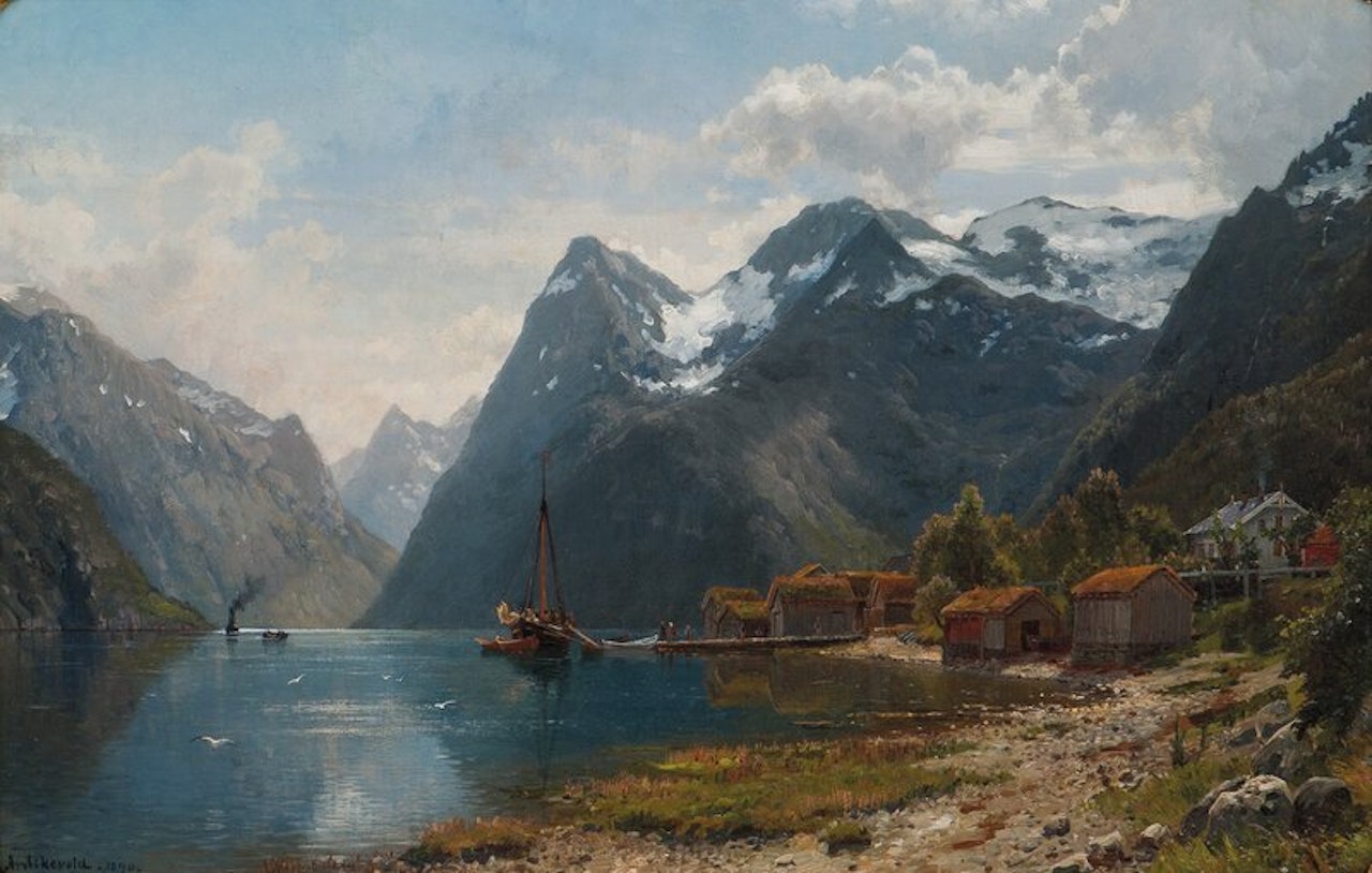 Fjordlandskap med folkeliv, dampbåten kommer 1890 by Anders Monsen Askevold