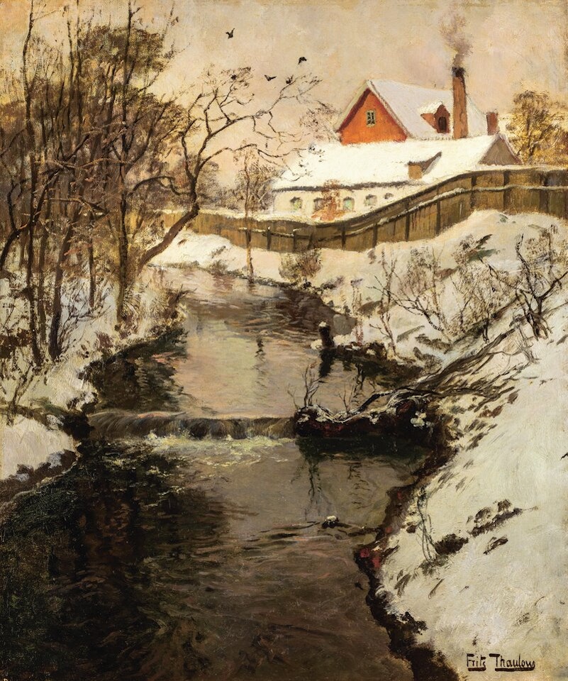 River Landscape with Factory Buildings, Winter by Fritz Thaulow