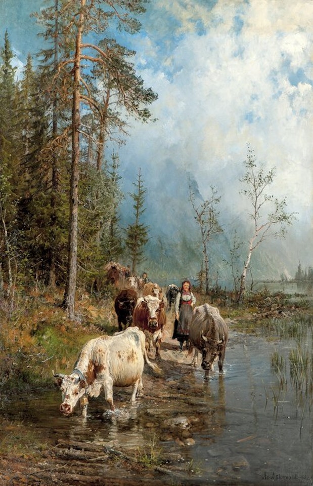 Cows by a Wading Place 1887 by Anders Monsen Askevold
