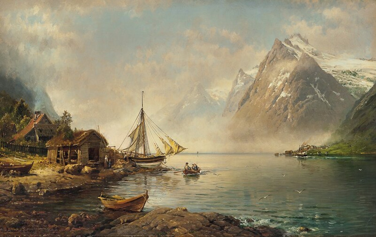 Fjordlandskap med folkeliv by Anders Monsen Askevold