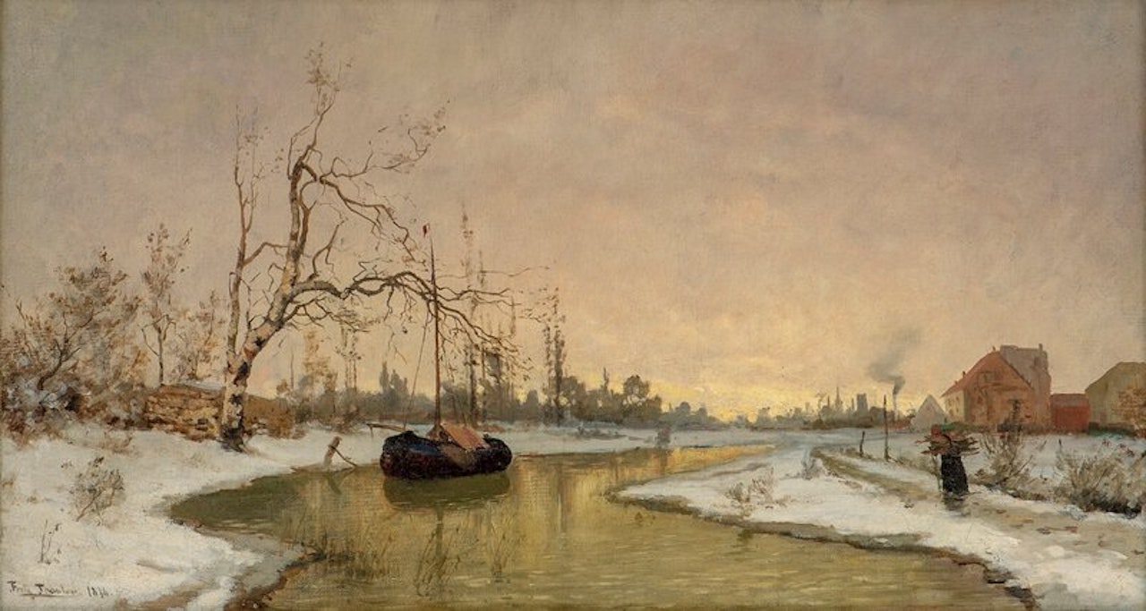 Elvelandskap med pram og gående kvinne by Fritz Thaulow