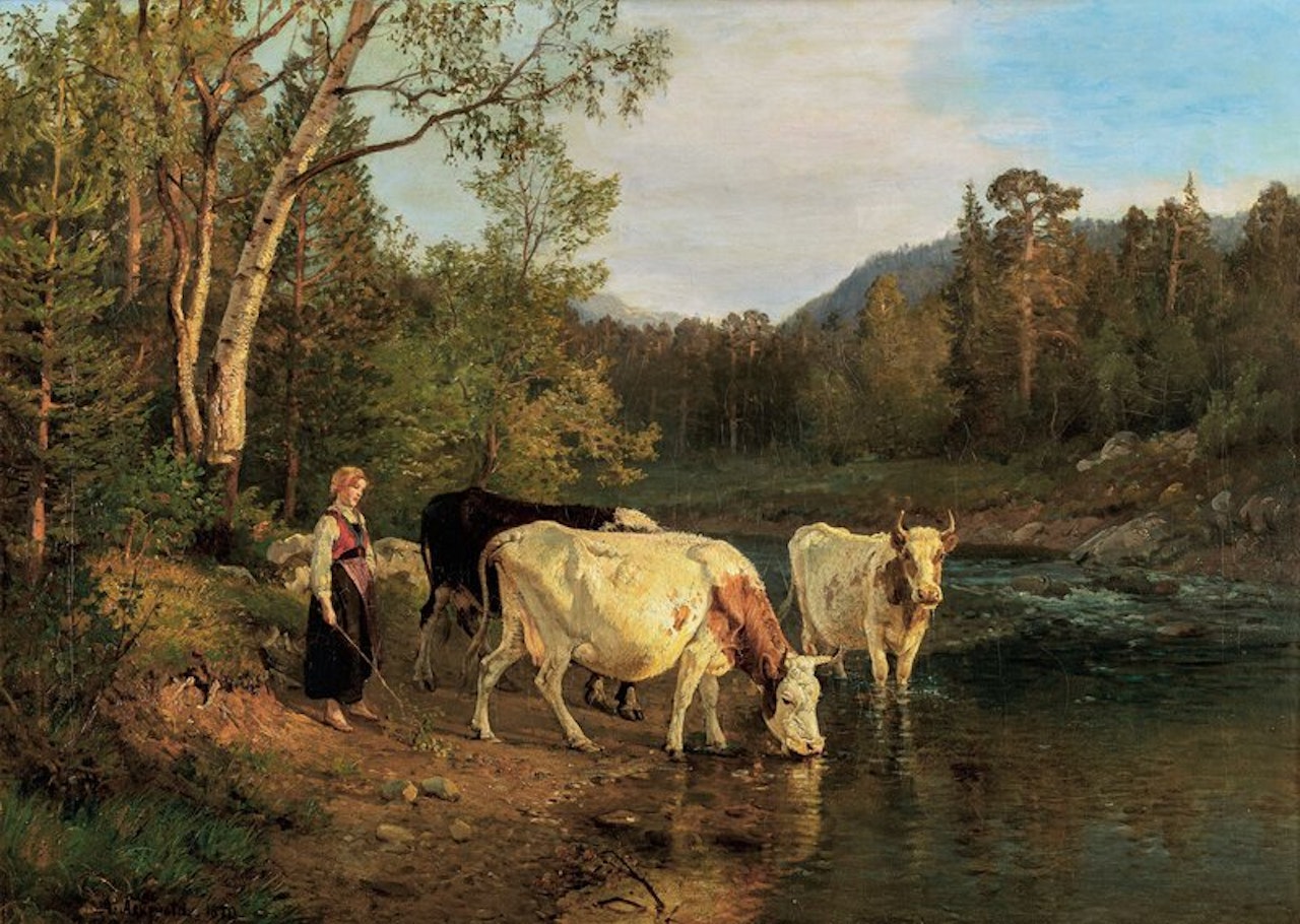 Dairy-Woman and Cattle by the Watering Spot by Anders Monsen Askevold
