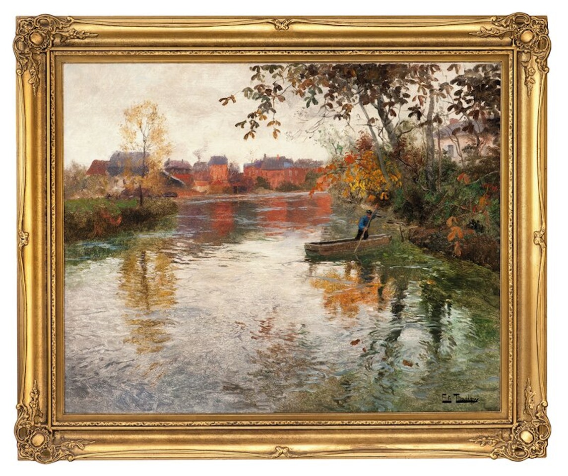 Man in boat, river landscape by Fritz Thaulow