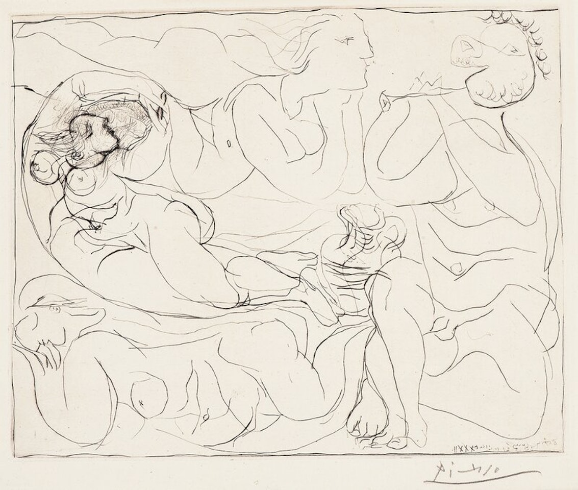 Flute Player and three Naked Women / Flûtiste et trois femmes nues by Pablo Picasso