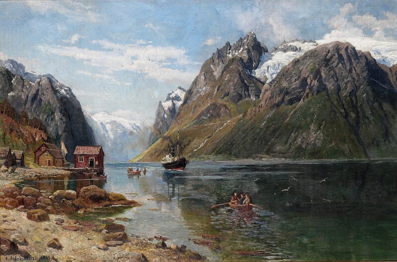 Dampbåt og robåter i fjordlandskap by Anders Monsen Askevold