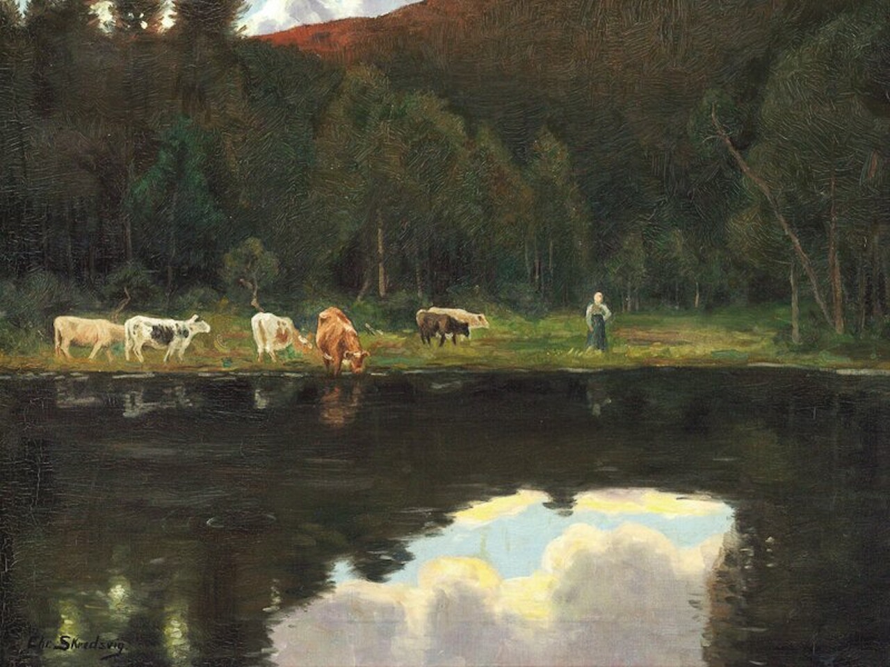 Budeie med kyr ved skogstjern by Christian Skredsvig